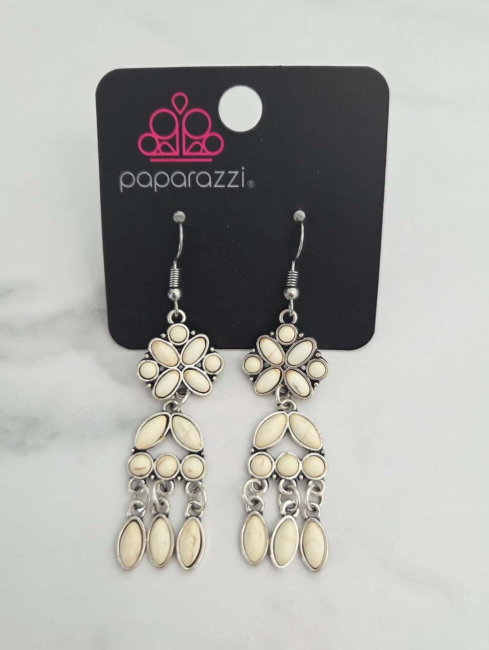 Paparazzi White Stone Chandelier Statement Earrings Silver Tone Boho - Picture 2 of 12